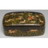 An Indian papier mache rounded rectangular pen box and cover, painted in the Persian taste with a