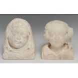 A 19th century alabaster carving, in the medieval taste as the head of monk, 13cm high; another,