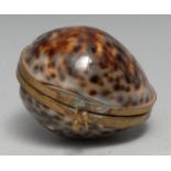 An early 20th century brass-mounted cowrie shell purse, 6.5cm wide