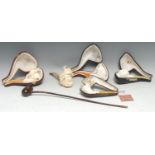 A Meerschaum pipe, carved as the head of a 17th century gentleman, 17cm long, cased; others,