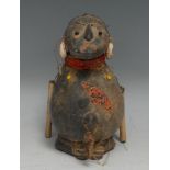 Tribal Art - an African clay figure, adorned with cowrie shells and red beads, 17cm high