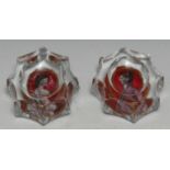A pair of 19th century shaped oval salts, revesre painted with portraits of a lady and a