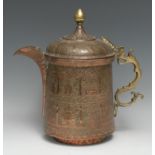 A Kashmiri copper flagon, chased overall with figures, buildings and scrolling foliage, ogee cover