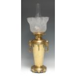 A Victorian Chinoiserie Hinks & Son's Patent gilt brass slender ovoid oil lamp, twin elephant