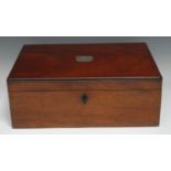 A 19th century mahogany writing box, hinged cover with silver coloured metal shield shaped cartouch,