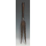 An Indian Islamic bident polearm, 32cm blade chased with demonic masks, stylised bird and