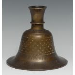 A Middle Eastern bronze bell shaped hookah base, chased in the Islamic taste, 15cm high, 19th