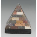 A pietra dura pyramidal desk weight, inlaid with malachite, lapis lazuli, amethyst quartz and