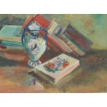 Modern British School Still Life, Books and Vase on a Table indistinctly signed, oil on board,