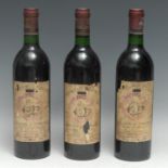 Three bottles of Château l'Évèque 1982 Lalande-de-Pomerol, 75cl, labels OK-fair, levels at base of