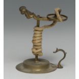 A George III brass wax jack, sprung scissor-action sconce, domed circular base, flying-scroll