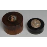 A hardwood circular snuff box, the push-fitting cover mounted with a portrait of a gentleman in 18th