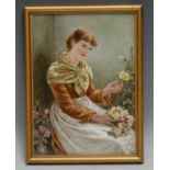 An English porcelain rectangular plaque, painted with a young beauty gathering blooms, labelled to