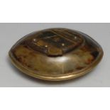 A 19th century horn navette shaped snuff box, hinged cover, brass mount, 9.5cm wide