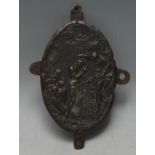 A dark patinated bronze oval plaque or mount, cast in relief with the Baptism of Christ, 12.5cm