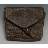 Costume - a 17th century red leather shaped rectangular purse or pouch, applied with brown leather