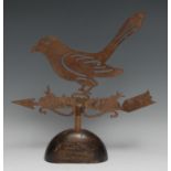 Folk Art - an iron silhouette weather vane, as a songbird, domed softwood base, 37cm high