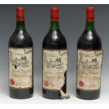 Three magnums of Château Haut-Goujon 1976 Lalande-de-Pomerol, 1.5l, labels fair, levels at base of