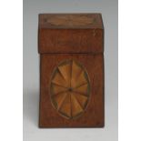 A 19th century mahogany and marquetry miniature box, inlaid with batwing paterae, hinged cover,