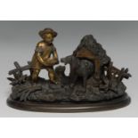 A 19th century parcel-gilt dark patinated bronze novelty inkwell, as a child feeding her dog, the