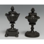 A post-Regency dark patinated bronze urnular pastille or incense burner, acanthus sconce, domed