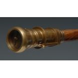 A novelty gentleman-topographer's lacquered brass and hardwood combination walking cane, the