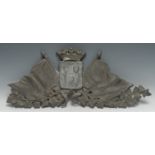 A French bronze armorial architectural applique, cast with coat of arms flanked by standards, 67cm