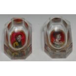 A pair of 19th century canted rectangular salts, reverse painted with portraits of a lady and a