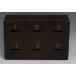 A 19th century rectangular ballot box, the six apertures numbered in gilt, sliding cover to verso,