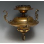 An Art Nouveau brass saucer-shaped light fitting, domed fluted cresting, sinuous scroll branches,