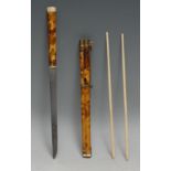 A Japanese tortoiseshell trousse, comprising a picnic suite of travelling knife and chopsticks, 26cm