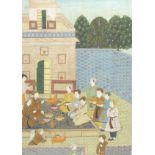 A Persian rectangular room panel, painted in gouache with a courtly scene within a border of