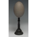 Natural History - an emu egg, mounted for the wunderkammer, turned ebonised base, 28cm high