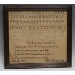 A George III needlework sampler, by M. Bowmer, Oct. 26. 1812, woked in wool with alphabet and verse,