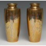 A pair of Japanese bronze slender ovoid vases, inlaid with cockerels on blossoming branches in tones