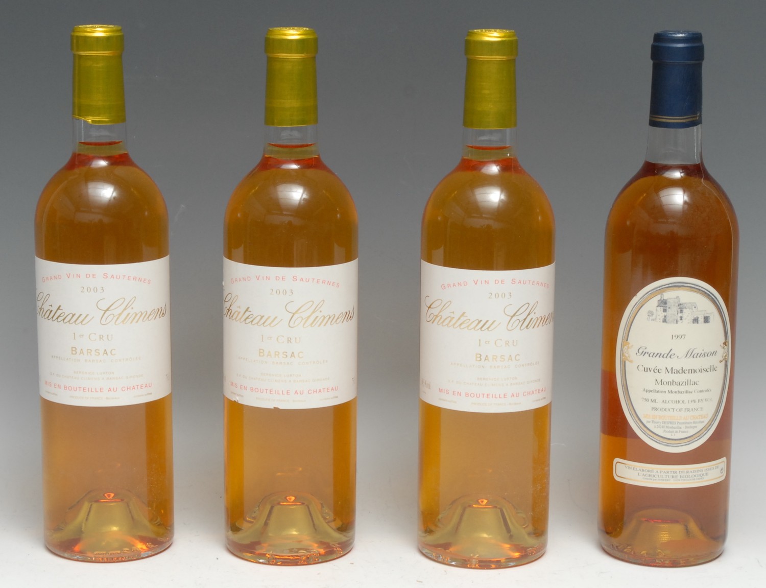 Three bottles of Château Climens 2003 Premier Cru Barsac Sauternes, 75cl, 14.5%, labels generally