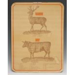 A vintage butcher's shop advertising show card, printed with diagrams of the cuts of venison & beef,