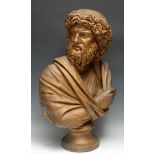 A plaster library bust, of Zeus, in the Grand Tour taste, the robe inscribed in Ancient Greek,