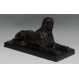 French School (19th century), a brown patinated bronze, of a sphinx, rectangular marble base, 26cm