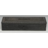 An Indian ebony rectangular scribe's box, carved overall with dense flowering foliage, fitted