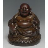 Chinese School (19th century), a brown patinated bronze, of Budai, seated upon a lotus holding a