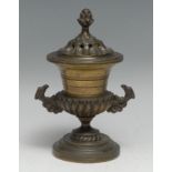 A post-Regency patinated bronze Campagna-shaped urnular censer, the pierced cover cast with lotus