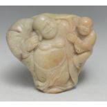 A Chinese soapstone carving, of Budai and a young boy, 10cm wide