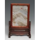 A Chinese hardwood table screen, the dreamstone panel with inscription and red seal, shaped apron,