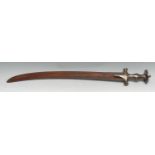 An Indian tulwar, 54cm curved broad brown 'wootz' patinated blade, koftgari hilt with disc pommel,