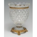 A 19th century ormolu mounted hobnail-cut glass urnular mantel vase, by F & C Osler, signed, lion