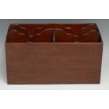 A mahogany desk top stationery porter, shaped divisions, recessed grips to sides, 27.5cm wide