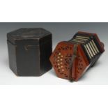 A 19th century concertina, by Lachenal & Co, London, twenty-one buttons, steel reeds, fretwork ends,