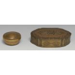 An Indian brass paan or betel box, chased with stylised birds and scrolling foliage, hinged cover,