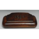 Treen - an unusual oversize elm rounded rectangular snuff box, possibly a tobacconist's shop